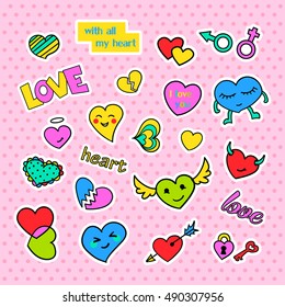 Fashion patch badges. Hearts set. Stickers, pins, patches and handwritten notes collection in cartoon 80s-90s comic style. Trend. Vector illustration isolated. Vector clip art.