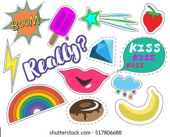 Fashion patch badges with ice cream, lips, strawberry, lightning, rainbows, clouds, diamond, banana and inscriptions. Set of stickers, pins, patches in cartoon 80s-90s comic style. Vector EPS 10