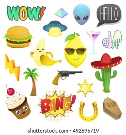 Fashion patch badges isolated with wow!, UFO, Hello, Burger, banana, lemon, drink, la, lightning, palm, gun, sheriff star, cactus, cake, bang!, coffin. Set of stickers, pins, patches. vector clip art.