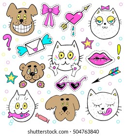 Fashion patch badges with kitten, puppy, teddy bear, lips, envelope and other elements. Vector illustration isolated on white background. Set of stickers, pins, patches in cartoon 80s-90s comic style.