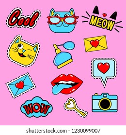 Fashion patch badges with lips, cats, hearts, meow, letter, perfume, camera, speech bubbles,tongue, lipstick and other elements.Set of girlish stickers, patches in cartoon isolated on black background