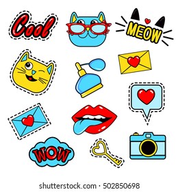 Fashion patch badges with lips, cats, hearts, meow, letter, perfume, camera, speech bubbles,tongue, lipstick and other elements.Set of girlish stickers, patches in cartoon isolated on white background