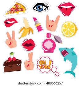 Fashion patch badges with lips, hand gestures, speech bubbles, banana and other elements, isolated on white background in cartoon 80s 90s comic style. Vector isolated. Stickers, pins, patches set.