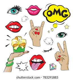 Fashion Patch Badges with lips, hands and eyes. Pop art elements
