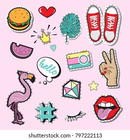 Fashion Patch Badges with lips, hands and eyes. Pop art elements on a pink background