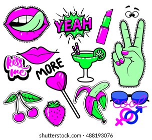 Fashion patch badges with lips, heart lollipop, speech bubbles, lipstick, cocktail, cherry, banana, glasses. Vector illustration of sweet girl patches isolated on white. Set of neon stickers, pins