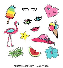 Fashion patch badges with lips, heart, star, eyes, eyelash, flower, popsicle, watermelon and other elements. Set of stickers and pins in 80s-90s cartoon style. Vector isolated on white background.