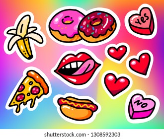 Fashion patch badges with lips, hearts, donuts and other elements. Vector illustration isolated on rainbow holographic background. Set of stickers, pins, patches in cartoon 80s-90s comic style.