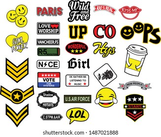 Fashion patch badges with lips, hearts, oops,smile,lol,up stars and other elements. Vector illustration isolated on white background. Set of stickers, pins, patches in cartoon 80s-90s comic style.