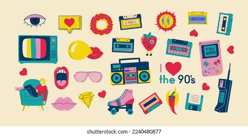 Fashion patch badges with lips, hearts, speech bubbles, audio cassette and other elements. Vector illustration isolated on white background. Set of stickers, pins, patches in cartoon 80s-90s style.