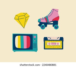 Fashion patch badges with lips, hearts, speech bubbles, audio cassette and other elements. Vector illustration isolated on white background. Set of stickers, pins, patches in cartoon 80s-90s style.