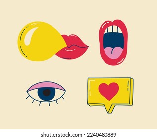 Fashion patch badges with lips, hearts, speech bubbles, audio cassette and other elements. Vector illustration isolated on white background. Set of stickers, pins, patches in cartoon 80s-90s style.