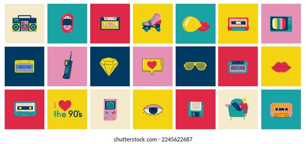 Bandas de parches de moda con labios, corazones, burbujas de habla, cassette de audio y otros elementos. Ilustración vectorial de pegatinas, pines, parches en el estilo de las caricaturas 80s-90s.