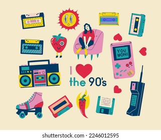 Fashion patch badges with lips, hearts, speech bubbles, audio cassette and other elements. Vector illustration set of stickers, pins, patches in cartoon 80s-90s style.