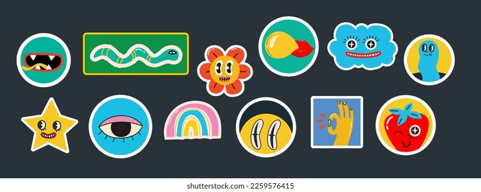 Fashion patch badges with lips, hearts, speech bubbles and other elements. Vector illustration set of stickers, pins, patches in cartoon 80s-90s style.