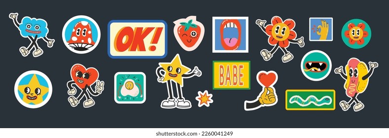 Fashion patch badges with lips, hearts, speech bubbles and other elements. Vector illustration set of stickers, pins, patches in cartoon 80s-90s style.