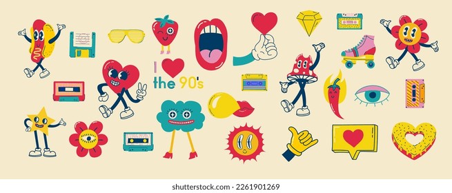 Fashion patch badges with lips, hearts, speech bubbles and other elements. Vector illustration set of stickers, pins, patches in cartoon 80s-90s style.