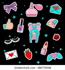 

Fashion patch badges with lips, hearts, cute girl and other elements. Vector illustration isolated on black background. Set of stickers, pins, patches in cartoon 80s-90s comic style.