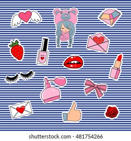 Fashion patch badges with lips, hearts, cute girl and other elements. Vector illustration isolated on striped background. Set of stickers, pins, patches in cartoon 80s-90s comic style.
