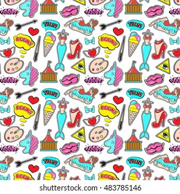 Fashion patch badges with lips, hearts, speech bubbles,mermaid, unicorn, shoe, palette, brush, girl, bunny. Vector illustration isolated . Set of stickers, pins, patches in cartoon 80s-90s comic style