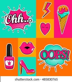 Fashion patch badges with lips, hearts, speech bubbles and other elements.  Set of fashion stickers, icons, pins, patches in cartoon 80s-90s comic cartoon style. Vector illustration.