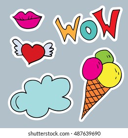 Fashion patch badges with lips, hearts, speech bubbles, stars and other elements. Vector illustration isolated on white background. Set of stickers, pins, patches in cartoon 80s-90s comic style.