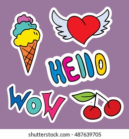 Fashion patch badges with lips, hearts, speech bubbles, stars and other elements. Vector illustration isolated on white background. Set of stickers, pins, patches in cartoon 80s-90s comic style.
