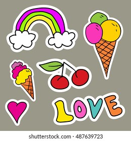 Fashion patch badges with lips, hearts, speech bubbles, stars and other elements. Vector illustration isolated on white background. Set of stickers, pins, patches in cartoon 80s-90s comic style.