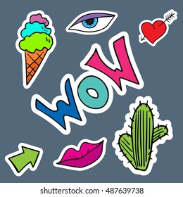 Fashion patch badges with lips, hearts, speech bubbles, stars and other elements. Vector illustration isolated on white background. Set of stickers, pins, patches in cartoon 80s-90s comic style.