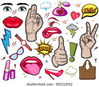 Fashion patch badges with lips, hearts, speech bubbles, stars, clouds watches and other elements. Vector illustration isolated on white background. Set of stickers pins, patches in cartoon comic style