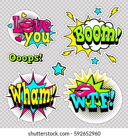 Fashion patch badges with lips, hearts, stars, cool text and other elements with stroke. Set of stickers and patches in cartoon 80s-90s comic style in vector. Ready for print