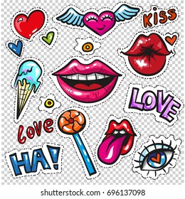 Fashion patch badges with lips, hearts, speech bubbles, stars and love elements