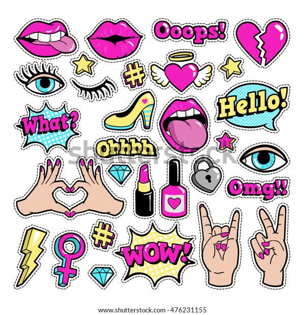 Fashion patch badges with lips, hearts, speech\
bubbles, stars and other elements. Vector illustration isolated on\
white background. Set of stickers, pins, patches in cartoon 80s-90s\
comic style.
