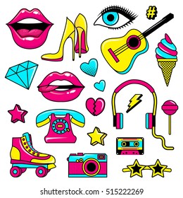 Fashion patch badges with lips, hearts,shoes, lipstick,cosmetics, stars and other elements. Set of stickers and patches in cartoon 80s-90s comic style. Vector illustration on white background. 