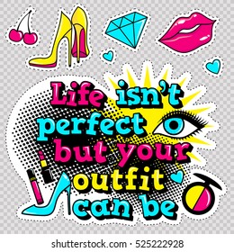 Fashion patch badges with lips, hearts,shoes and sexy quotes on white background with stroke. Set of stickers and patches in cartoon 80s-90s comic style in vector. Ready for print