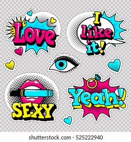 Fashion patch badges with lips, hearts,shoes, lipstick,cosmetics, stars, cool text and other elements with stroke. Set of stickers and patches in cartoon 80s-90s comic style in vector. Ready for print
