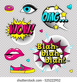 Fashion patch badges with lips, hearts,shoes, lipstick,cosmetics, stars, cool text and other elements with stroke. Set of stickers and patches in cartoon 80s-90s comic style in vector. Ready for print