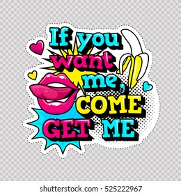 Fashion patch badges with lips, hearts,shoes and sexy quotes on white background with stroke. Set of stickers and patches in cartoon 80s-90s comic style in vector. Ready for print