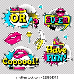 Fashion patch badges with lips, hearts,shoes, lipstick,cosmetics, stars, cool text and other elements with stroke. Set of stickers and patches in cartoon 80s-90s comic style in vector. Ready for print