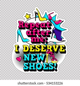 Fashion patch badges with lips, hearts,shoes and sexy quotes on white background with stroke. Set of stickers and patches in cartoon 80s-90s comic style in vector. Ready for print