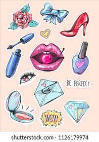 Fashion patch badges with lips and make up elements pop art embroidery like vector elements illustration