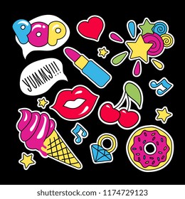 Fashion patch badges with lips and make up elements pop art
