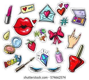 Fashion-Patch-Abzeichen mit Lippen und Make-up-Elemente Pop-Art
