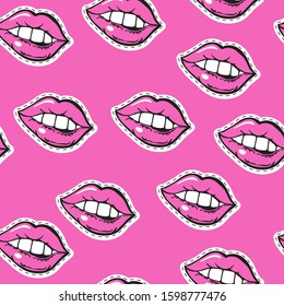 Fashion patch badges with lips on a pink background seamless pattern