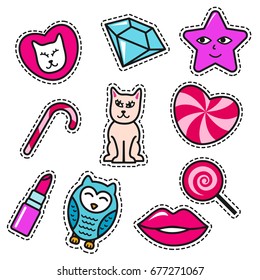 Fashion patch badges with lips, owl, star, cat, diamond, candy and other elements. Vector illustration isolated on white background. Set of stickers.