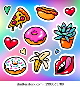 Fashion patch badges with lips, pizza, banana and other elements. Vector illustration isolated on holographic background. Set of stickers, pins, patches in cartoon 80s-90s comic style.