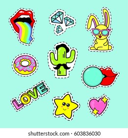 Fashion patch badges with lips, rainbow, glasses, donut, diamond, speech bubbles, love, rabbit, cactus, heart, love and other elements. Very large set of girlish stickers, patches in cartoon isolated 