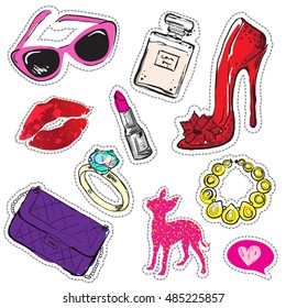 Fashion patch badges with lips,  rings, shoes,  women bags, diamond, lipstick and other elements. Set of girlish stickers, patches in cartoon isolated on white background