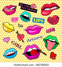 Insignias de parche de moda.Lips set. Conjunto de stickers, pines, parches y colección de notas manuscritas al estilo cómico de los años 80-90. Tendencia. Dibujo vectorial, imagen prediseñada aislada.