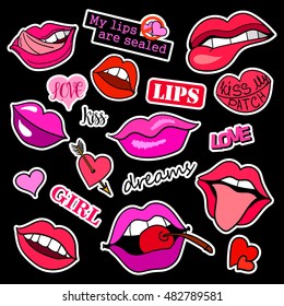 Fashion patch badges. Lips set. Set of stickers, pins, patches and handwritten notes collection in cartoon 80s-90s comic style. Trend. Vector illustration isolated. Vector clip art.